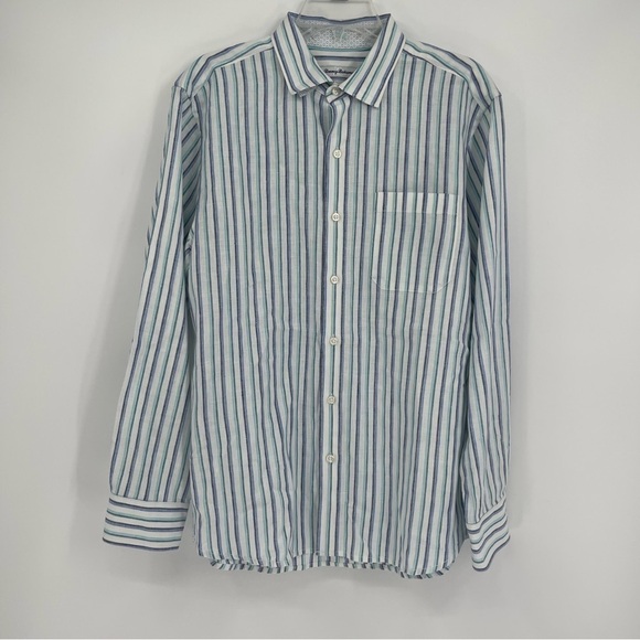 Tommy Bahama Linen Blend Striped Mens Long Sleeve Button flip cuff Shirt Size M - Picture 11 of 11